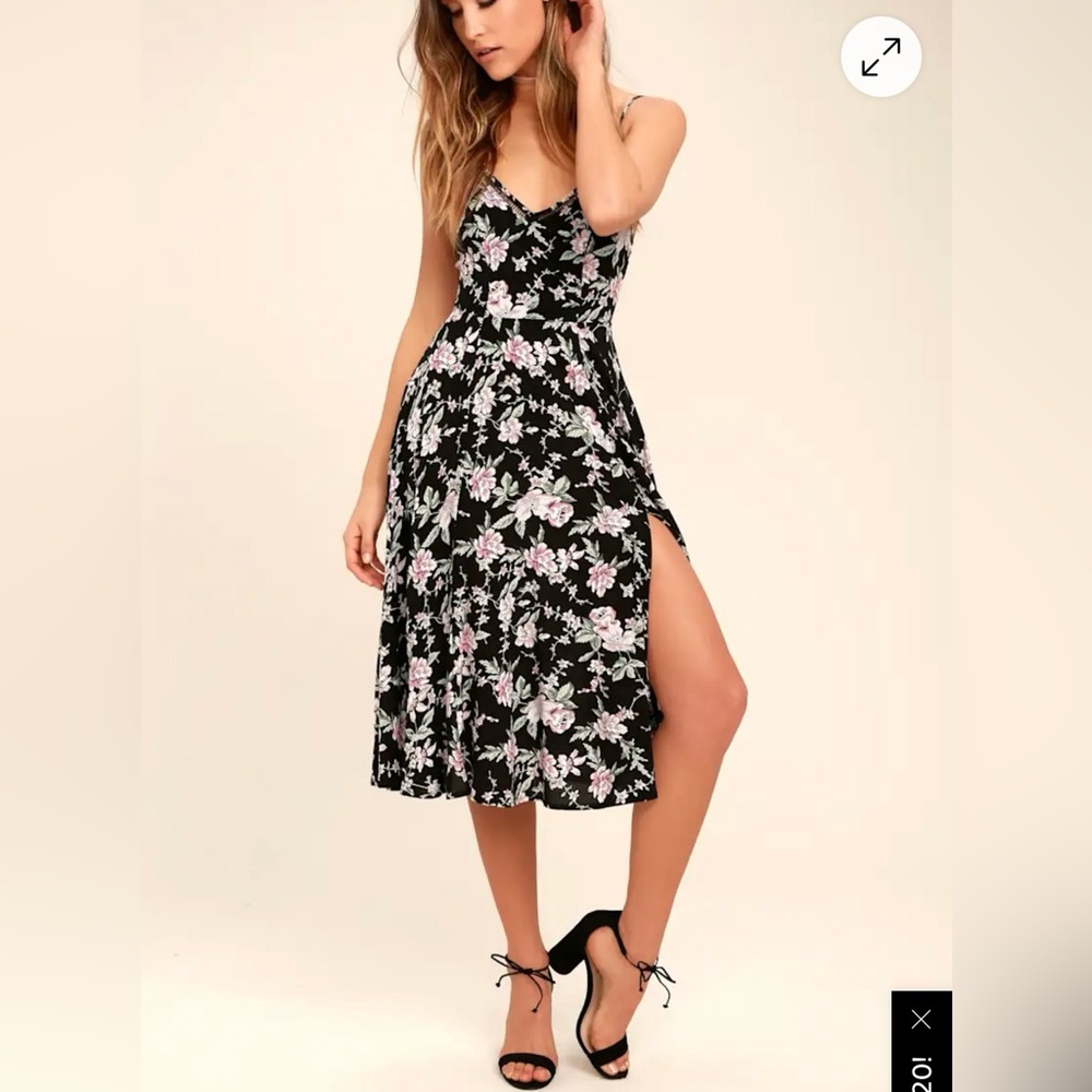 Lulus Chic Black Midi Slip Dress with Pink Floral Print with side slit Small - Picture 3 of 16